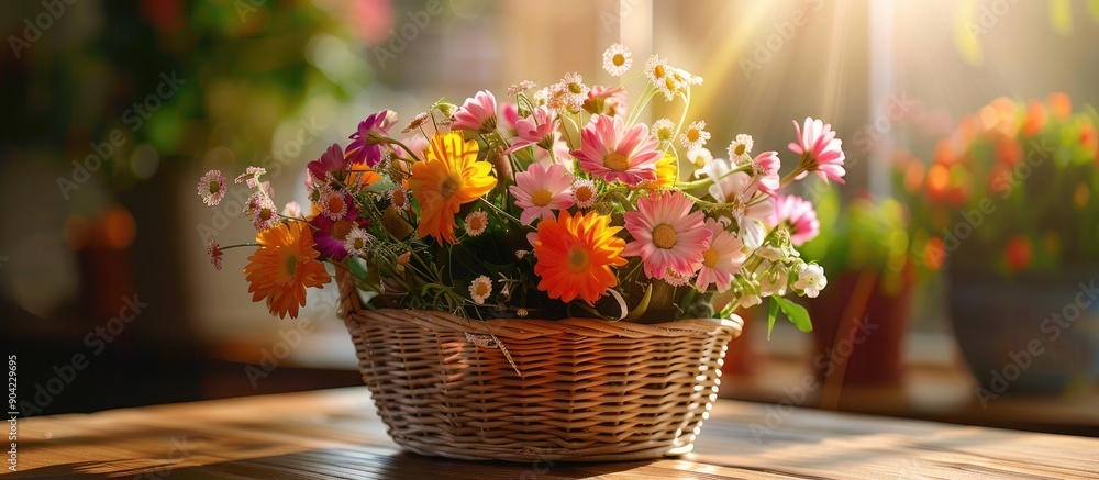 Poster close up image of a wicker basket filled with lovely flowers on a table with available copy space fo
