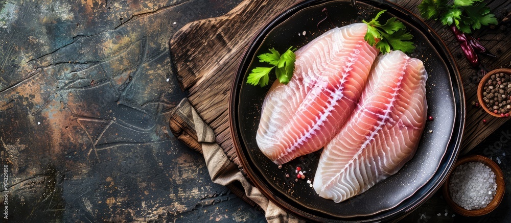 Poster fresh tilapia fillet served as a raw seafood appetizer on a rustic table with copy space image ideal