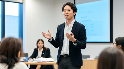 Fototapeta premium Japanese entrepreneur giving a presentation