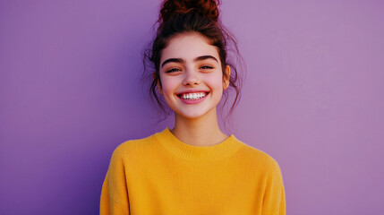 Cheerful girl against a pastel purple background