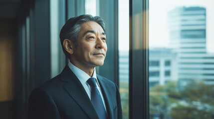 Japanese executive in a suit standing by a window