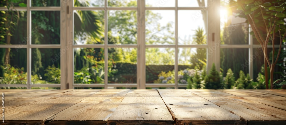 Poster the wooden table is vacant with a blurred view of a garden through a home window in the backdrop off