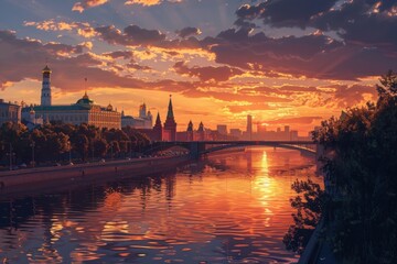 Fototapeta premium Postcard with landscape of Moscow, Russia at sunset