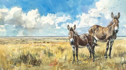 Naklejka premium Steppe plain, wild donkeys, vast presentation, Watercolor style