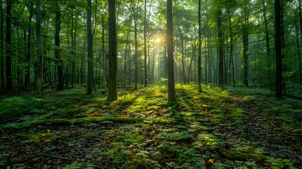 Obraz premium Serene forest scenery with sunlight filtering through lush green trees, creating a tranquil atmosphere ideal for nature appreciation, relaxation, and eco-tourism promotions
