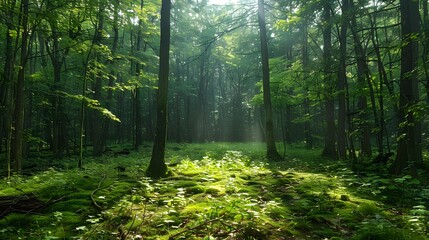 Obraz premium A serene forest scene with sunlight filtering through lush green trees, perfect for nature, relaxation, or environmental themes in various media projects,