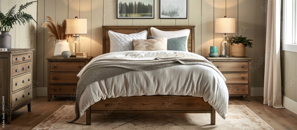Aufkleber Explore the ideal mix of functionality and rustic charm in a captivating image showcasing the Penelope nightstand in a rustic bedroom setting with practical storage and stylish design elements in the