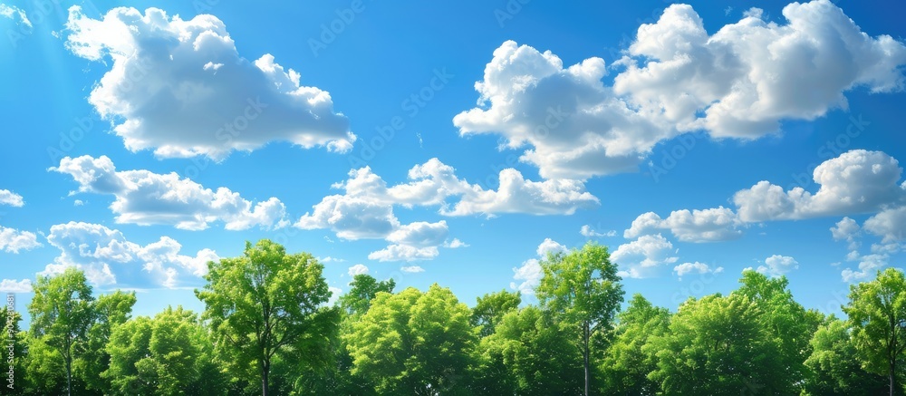 Poster scenic view of trees against a backdrop of white clouds and a clear blue sky in a copy space image