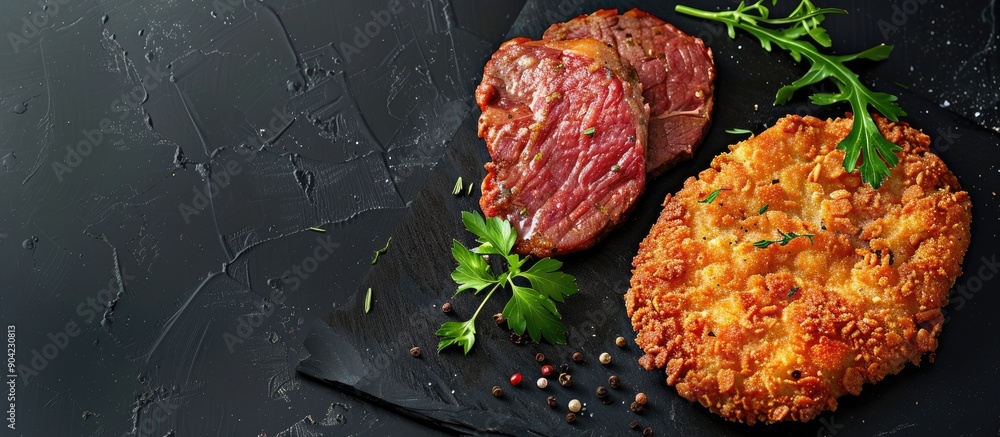 Sticker Image of delicious fried breaded wiener schnitzel and cooked steak on a black background from a top down perspective with space for text or graphics. Copy space image