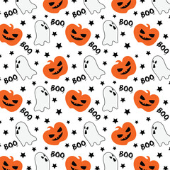 Vector seamless pattern for Halloween with white spooky ghosts and pumpkins on white background. Holiday backdrop for wrapping paper, fabric, textile, scrapbook. 