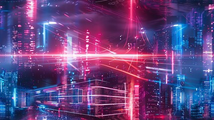 Fototapeta premium Futuristic cityscape with vibrant neon lights, showcasing interconnected technology and advanced architectures in a cyberpunk style.
