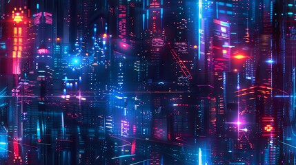 Fototapeta premium Futuristic cyberpunk cityscape with neon lights and skyscrapers, showcasing a vibrant urban night scene in a high-tech metropolis.