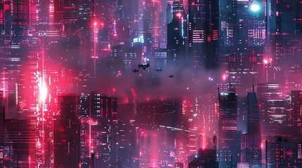 Obraz premium Futuristic cyberpunk cityscape with neon lights, high-rise buildings, and flying vehicles creating an immersive sci-fi atmosphere.