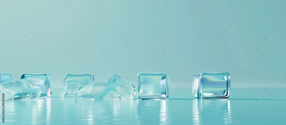 Poster copy space image of clear ice blocks on a soft blue backdrop