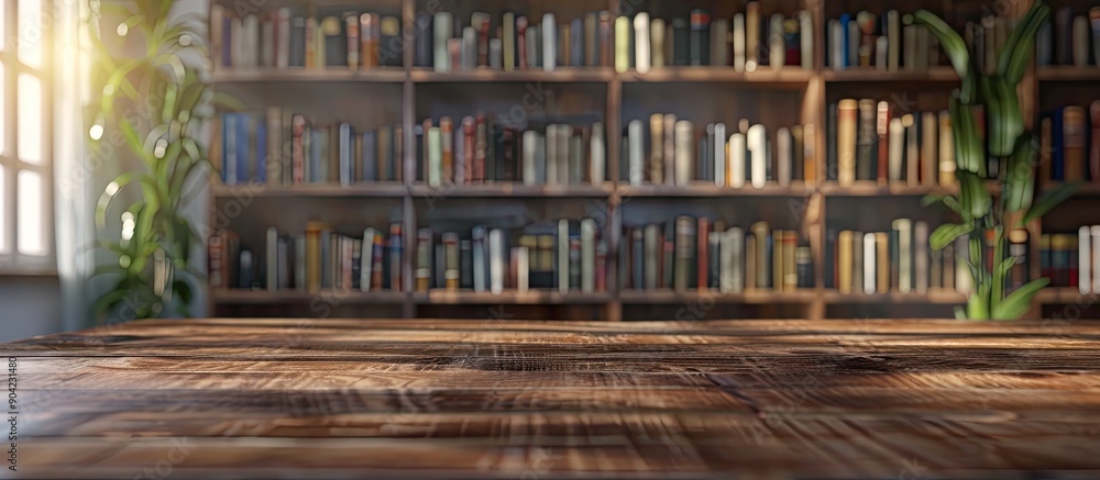 Poster home library room with vintage bookshelf showcasing a product on a wooden table top with a blurred b
