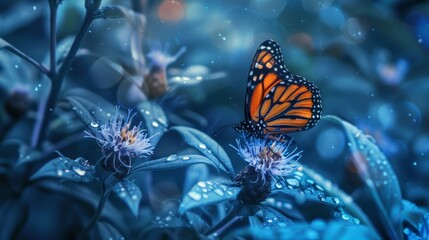 Fototapeta premium A vibrant scene in a fairy garden with a Monarch butterfly alighting on a flower, blue foliage creating a magical background