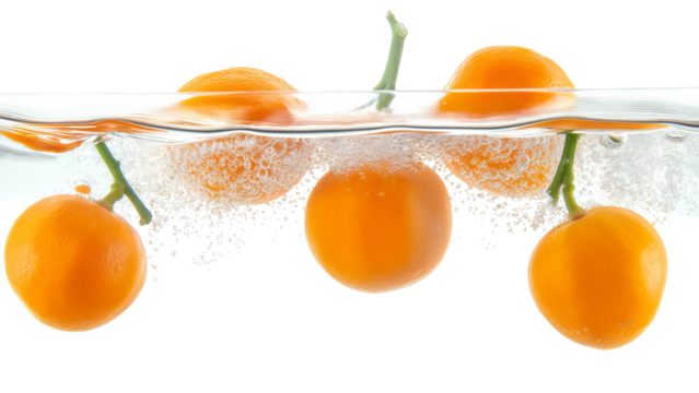 Fresh orange, cut in half, dropped into the water isolate On a white background.
