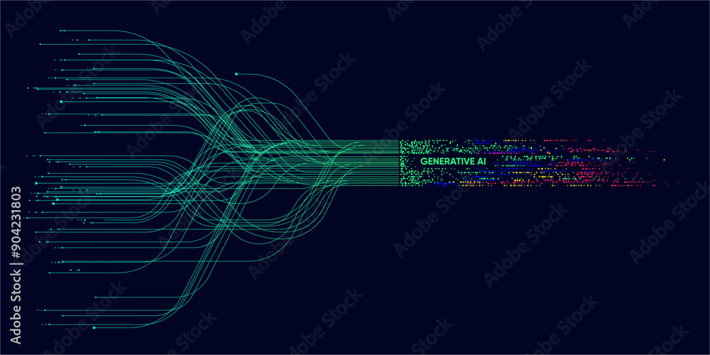 Poster illustration of abstract stream. artificial intelligence. big data, technology, ai, data transfer, d