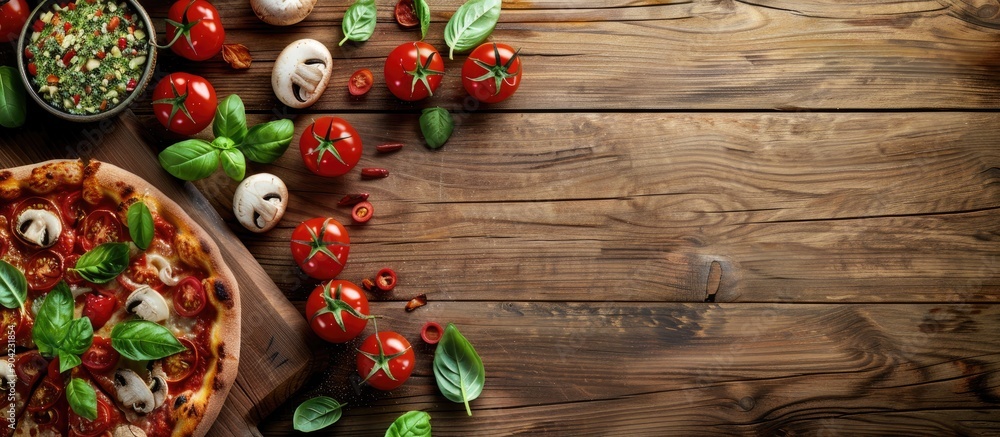 Poster flat lay on wooden table with a delicious pizza topped with tomatoes mushrooms and basil allows for 