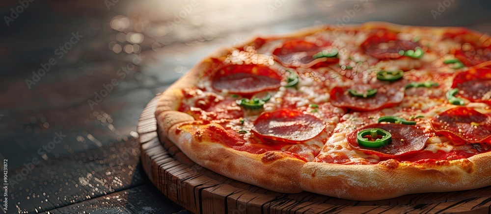 Poster a tasty pizza with pepperoni and green peppers rests on a wooden platter perfect for indulging with 