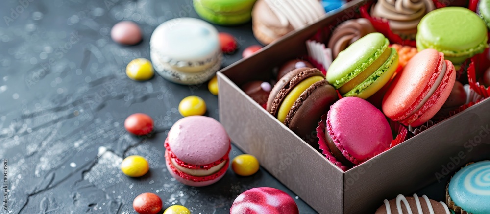 Poster assorted vibrant candies lollipops and macaroons in a box on a stone backdrop with room for a copy s