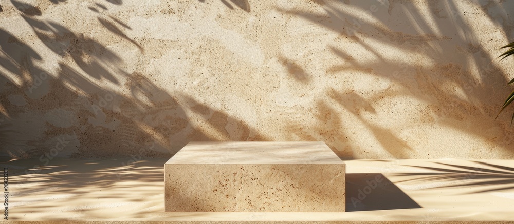 Poster ideal for showcasing beauty products a square stone podium stands on sand with leaves casting shadow