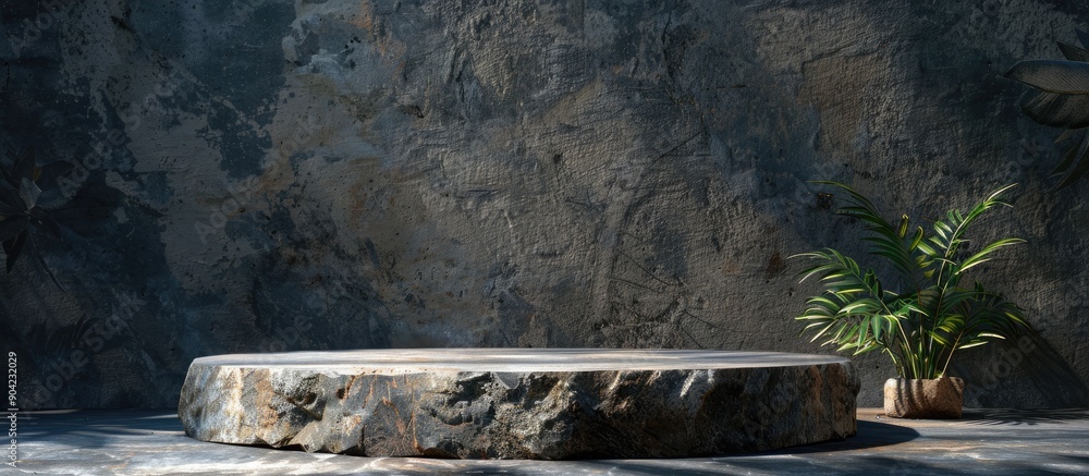 Aufkleber a podium made of stone set against a dark cement wall with studio lighting for product display and h