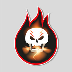 A sticker with an image of an evil screaming skull with a tongue in flames.