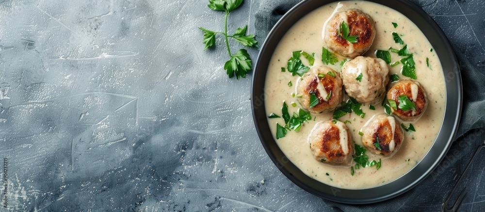 Poster swedish meatballs in creamy sauce on a skillet against a gray backdrop seen from above with space fo