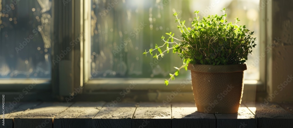 Poster thyme plant in a peat pot on a windowsill with copy space image