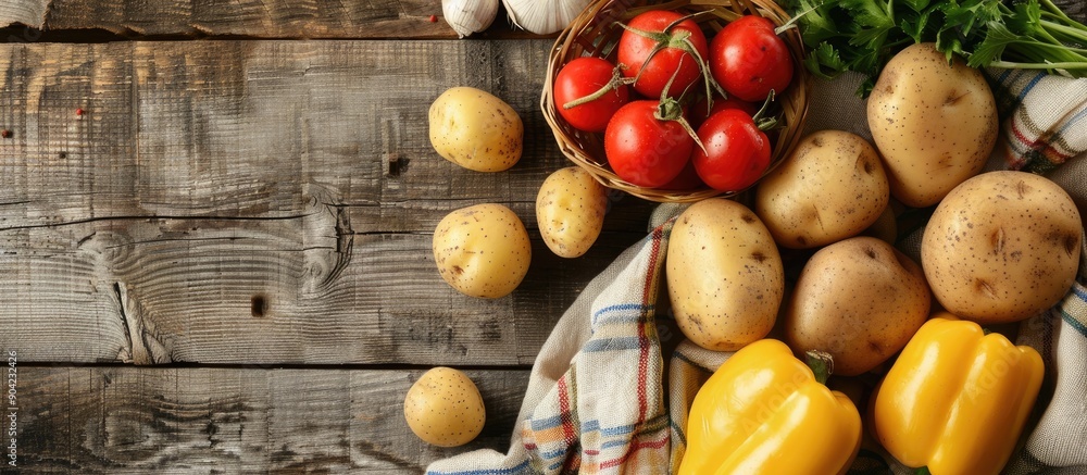 Poster fresh vegetables served next to potatoes on a rustic table setting with a top view suitable for keto