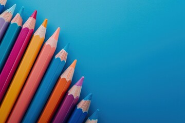 Fototapeta premium Coloring pencils in vibrant colors on pastel blue background with blank space. Ai Generative