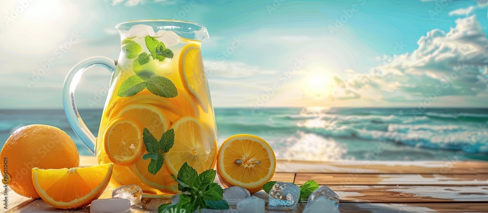 Poster copy space image of a refreshing large pitcher of lemonade with oranges ice and mint leaves on a woo