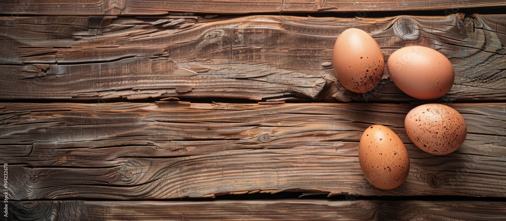 Poster wooden surface with two farm fresh eggs for text in a copy space image
