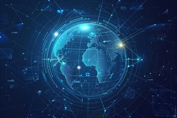 Planetary map. global map. international social network. In the future.Earth is shown against a blue, futuristic background. Technology and the internet. Geometric abstract background, Generative AI.