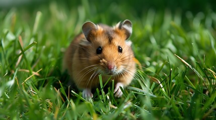 An insignificant yellow and brown hamster scuttling through the grass