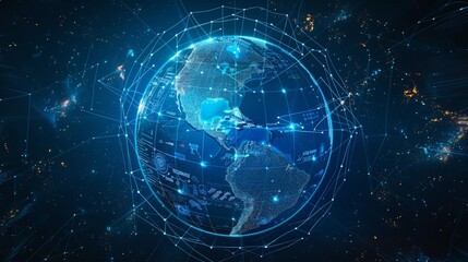 Obraz premium Planetary map. global map. international social network. In the future.Earth is shown against a blue, futuristic background. Technology and the internet. Geometric abstract background, Generative AI.