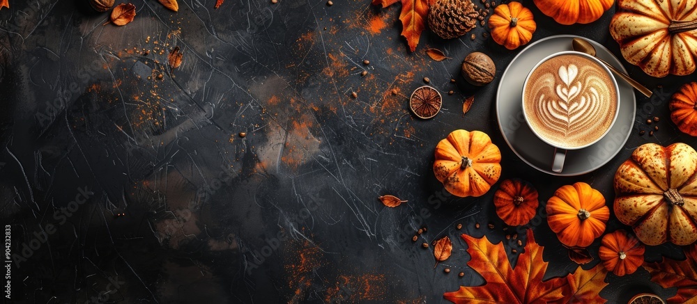 Poster dark background with a pumpkin latte pumpkins fall leaves and room for text or images. copy space im