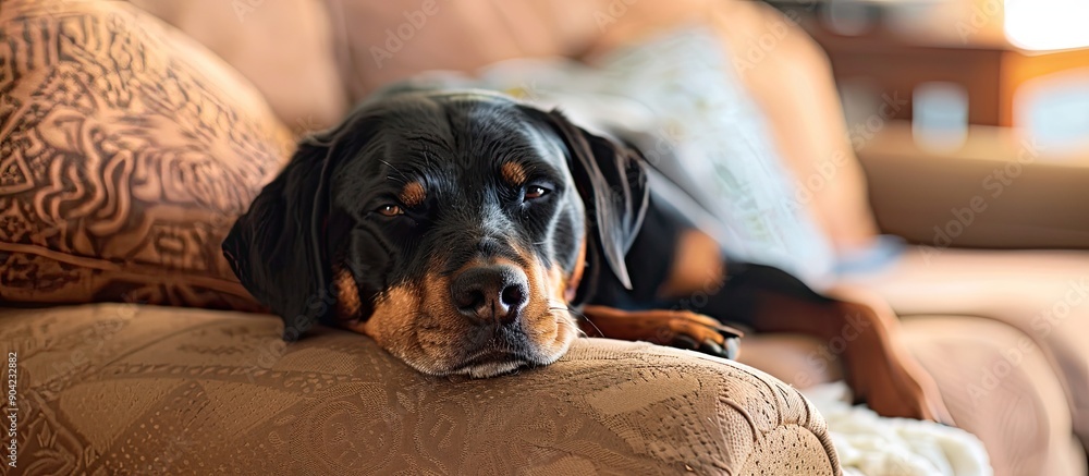 Poster a black and tan canine resting on a sofa indoors representing a cozy home pet scene with room for te