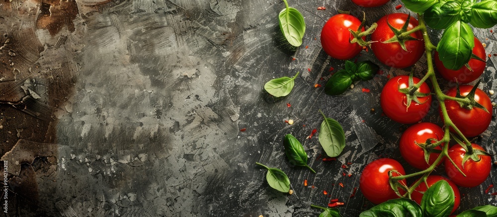 Aufkleber fresh cherry tomatoes and vibrant green basil on a textured backdrop with a place for text image sui