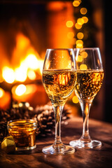 Sparkling wine, proseco or champagne in front of a fireplace on a holiday eve celebration, Merry Christmas, Happy New Year and Happy Holidays idea