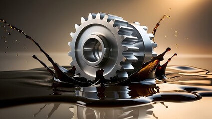 Close-up view of a metal bearing gear, Oil wave splashing in Car engine with lubricant oil. Concept of Lubricate motor oil and Gears