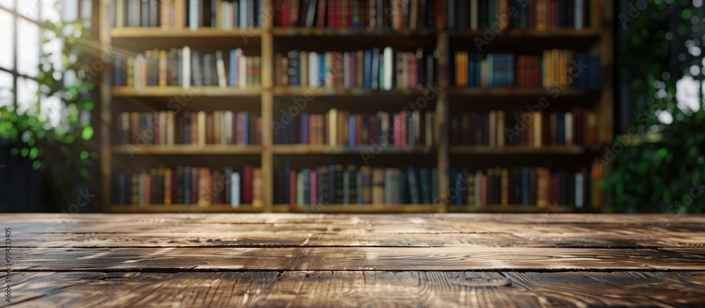 Poster vintage bookshelf in a home library room with a wooden table top featuring a blurred background for 