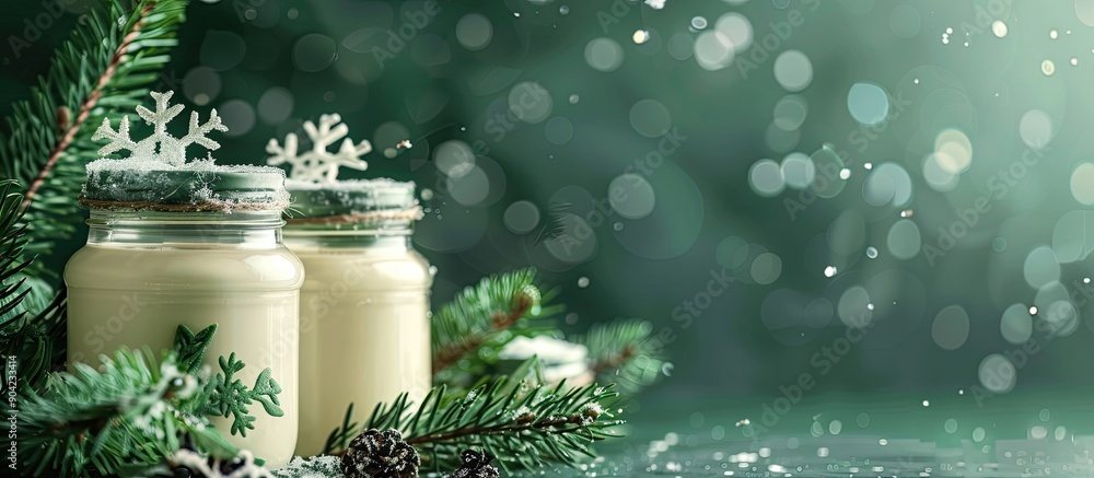 Poster cream jars adorned with festive snowflakes and pine branches on a green backdrop featuring abundant 