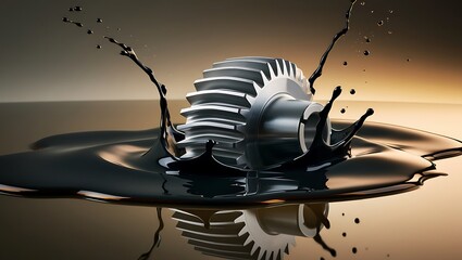Close-up view of a metal bearing gear, Oil wave splashing in Car engine with lubricant oil. Concept of Lubricate motor oil and Gears