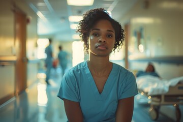 Nurse sitting in hallway. A young nurse sits on the floor of a hospital corridor, appearing exhausted but resilient. The light from the hallway adds a soft glow to her determined expression.