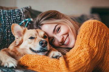 Happy Woman in Orange Sweater Cuddling Her Dog on the Sofa, Close Up Portrait Photograph in the Style of Natural Light Minimalism 