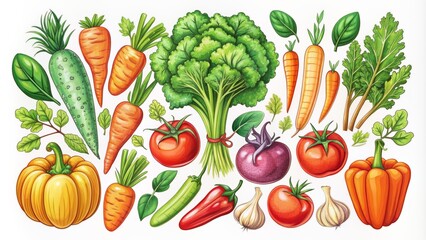 Colorful whimsical hand-drawn doodle vector icons of various vegetables, including carrots, tomatoes, broccoli, and leafy greens, on white background.