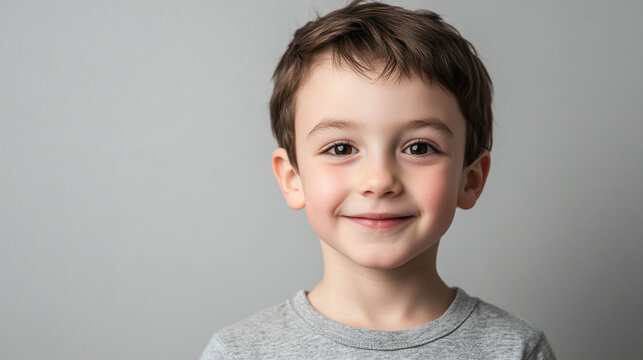 Grinning boy against a light grey background