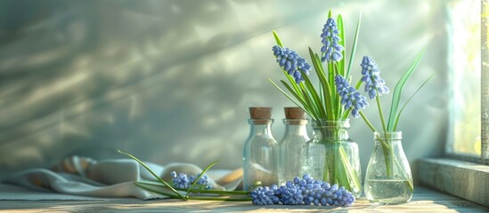 Glass bottles and blue muscari flowers arranged on a table with a plain background The setting features bright light and a soft focus for a visually appealing copy space image